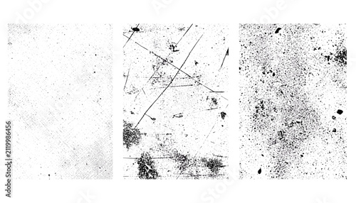 Three vertical grunge textures with distressed scratches and speckles over a white background for retro effects.