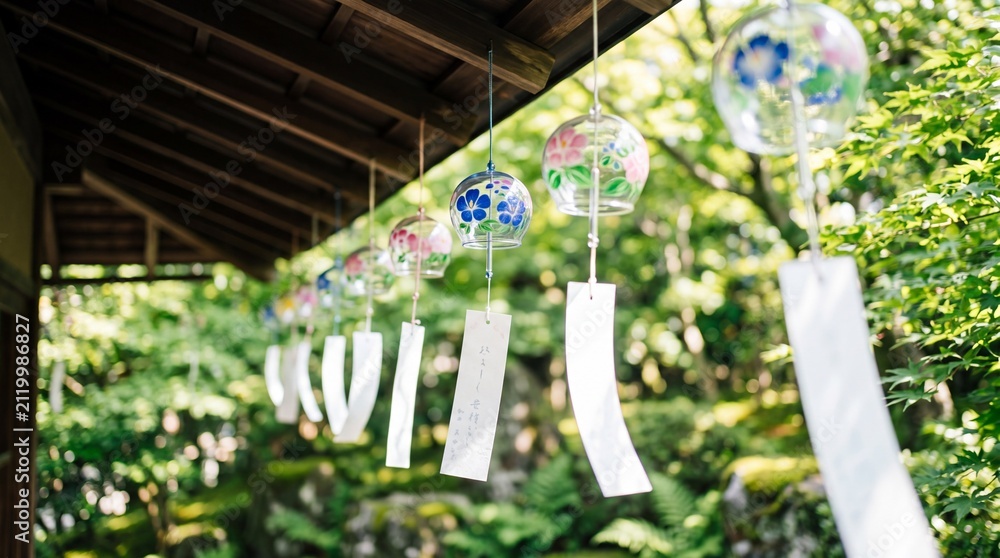 Obraz premium Traditional Japanese wind chimes known as furin hanging from a wooden roof eaves in a lush green garden during a bright summer day in Japan