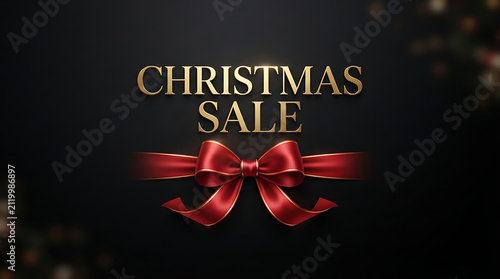 Christmas Sale Gold Text with Red Satin Ribbon Bow on Dark Black Background