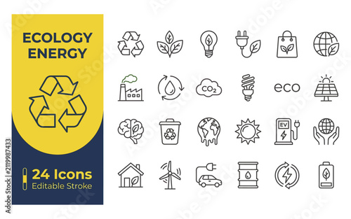 Eco friendly green energy and ecology line icons set