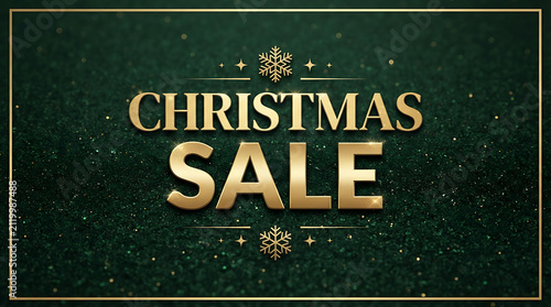 Christmas Sale Gold 3D Text with Snowflakes on Dark Green Glitter Background