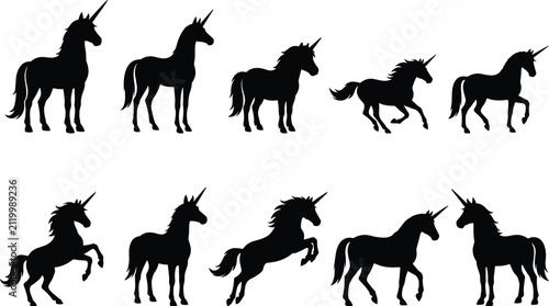 Unicorn Silhouette Collection with Standing Running and Rearing Fantasy Horse Illustrations