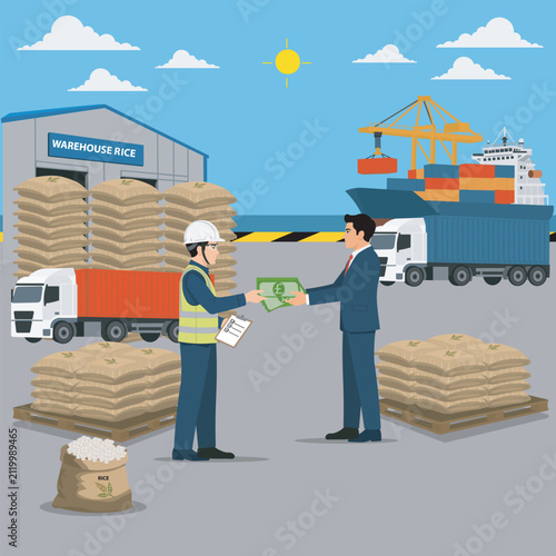 Business industry export and import rice transaction paper money poundsterling