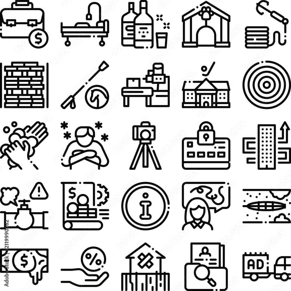 Fototapeta premium Collection of minimal black and white line icons illustrating a variety of themes, including finance, healthcare, transportation, security, and personal well being
