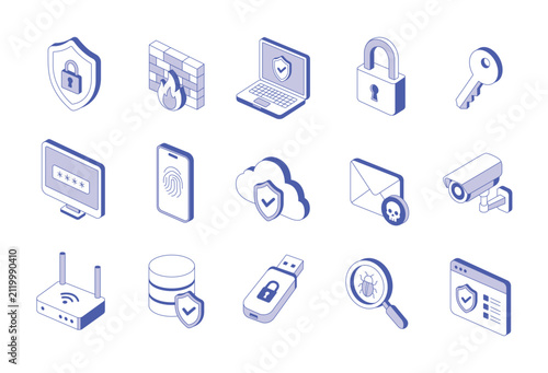 Cybersecurity and data protection isometric icons set