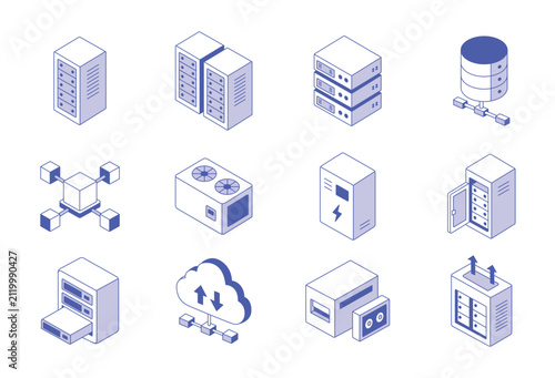 Data center and cloud computing network hardware isometric icons