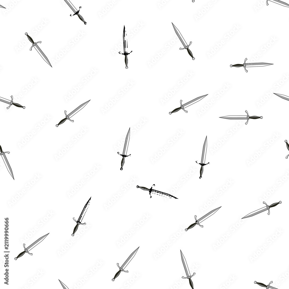 Fototapeta premium pattern Dagger featuring a sharp metallic blade and dark handle, standing vertically on a plain white background, embodying concepts of warfare, danger, and self defense for various applications