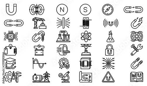 Фотография Professional Monoline Magnet Icons Pack Featuring Magnetic Fields and Industrial