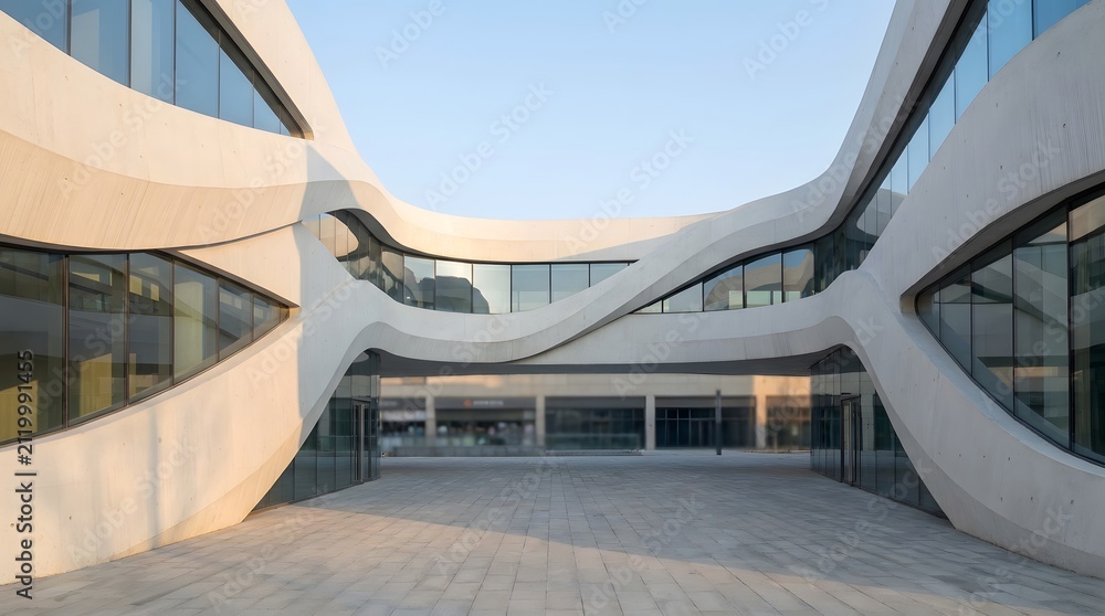 Fototapeta premium Modern architectural building with organic curved white walls and large glass windows in a bright urban setting