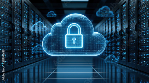 Secure cloud with padlock hologram floating in data center aisle, digital protection and encrypted storage visualizing cyber security