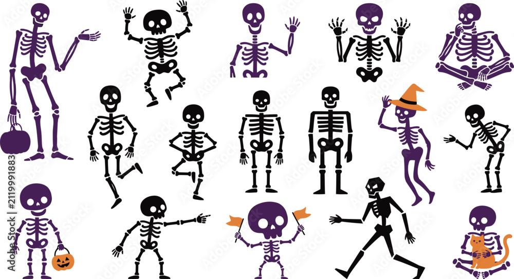 Naklejka premium Set of cute cartoon skeletons for halloween party decorations and stickers