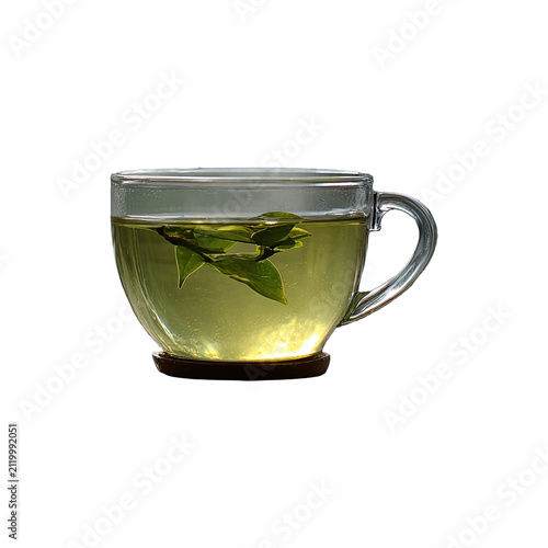 Transparent glass cup filled with fresh green herbal tea and floating leaves for healthy wellness beverage isolated on transparent background