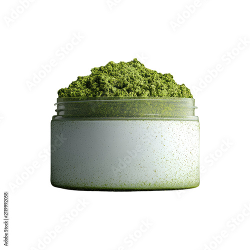 Open cosmetic jar filled with vibrant green botanical clay powder for natural skincare and spa treatment isolated on transparent background