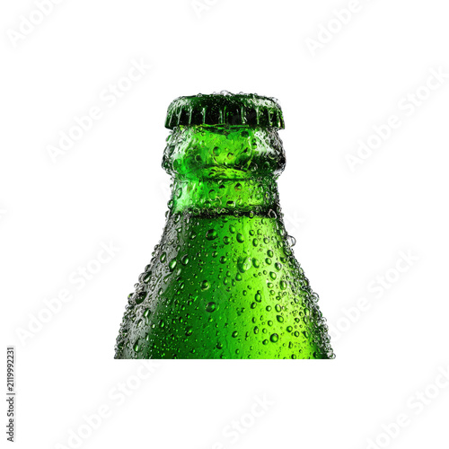 Close up of chilled green glass beverage bottle neck with water droplets and metal cap isolated on transparent background