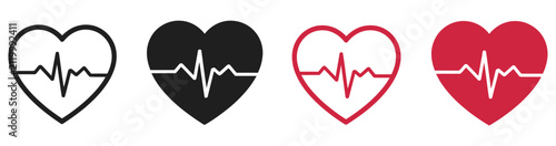 Heart beat icon representing heart shape with pulse line symbols for healthcare, cardiology, medical monitoring and wellness vector, design