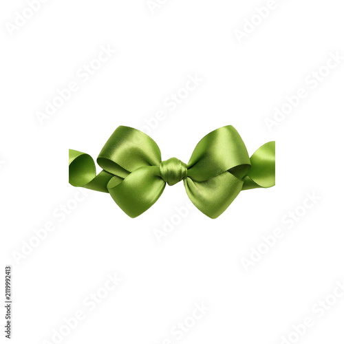 Elegant green satin ribbon bow with flowing silk ribbon decorative gift design element isolated on transparent background