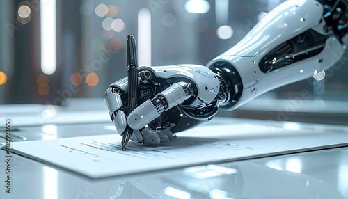 Robotic hand with articulated metal fingers writing on paper, advanced mechanical precision, human‑like dexterity, futuristic AI technology environment.