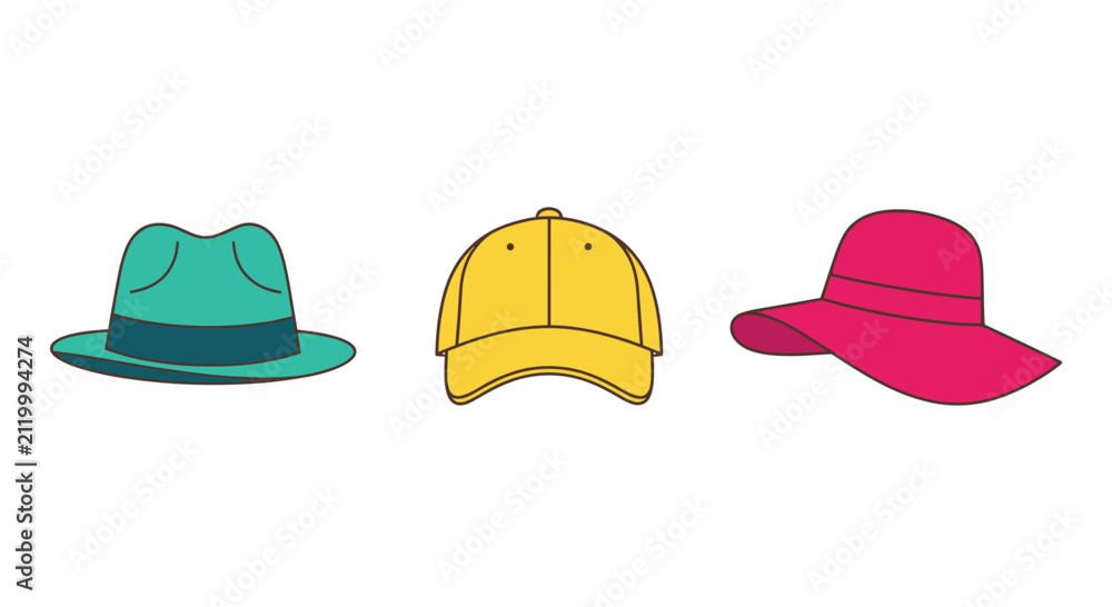 Fototapeta premium Variety of Hats: Fedora, Baseball Cap, and Sun Hat