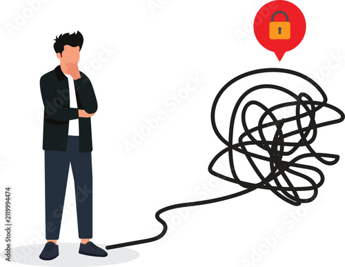 Foto Thinking Businessman Disentangling Complex Wire Knot To Security Lock