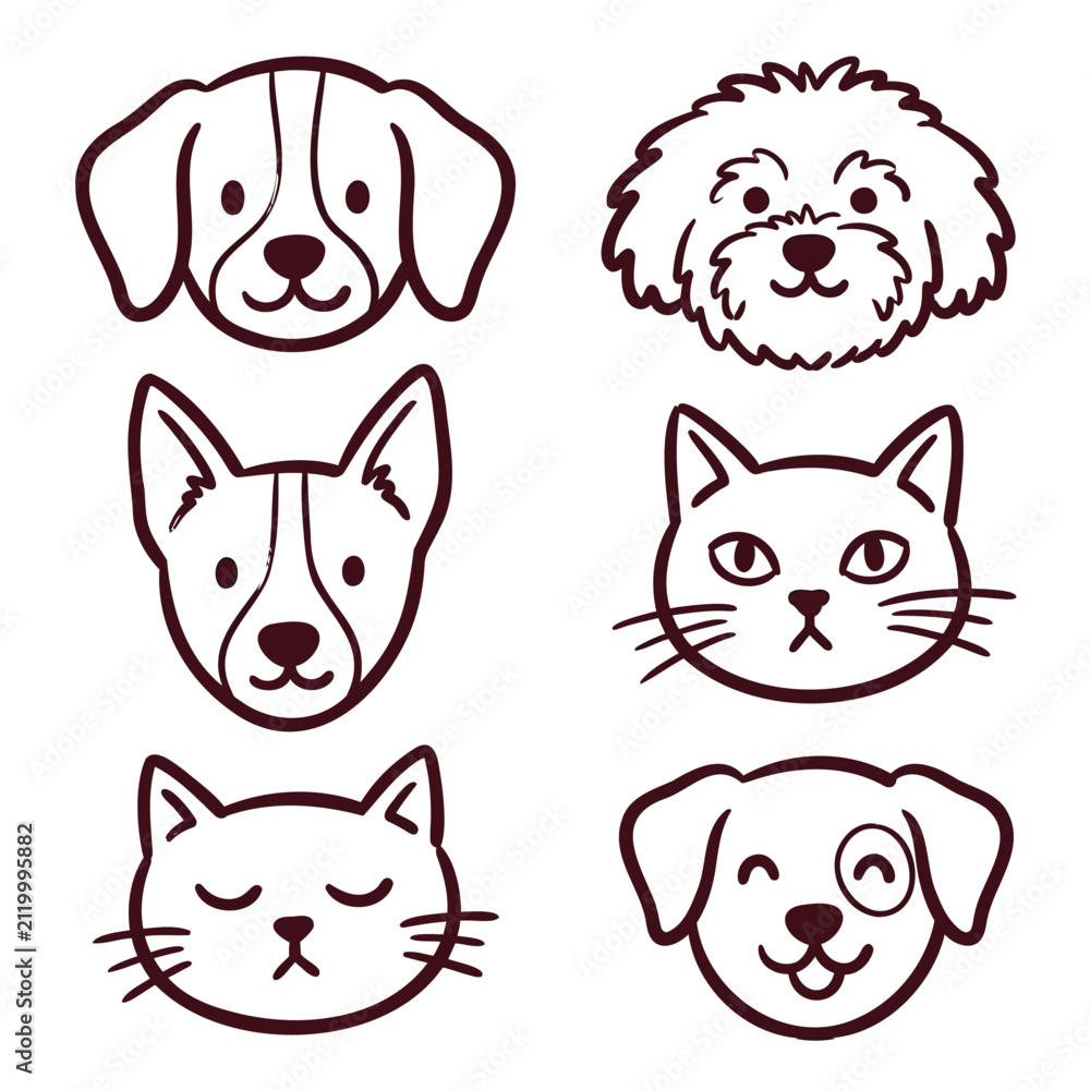 Fototapeta premium Set of cute hand drawn dog and cat head icons with simple line art style for pet shop or animal design