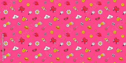 Seamless comic with hearts, flowers and candy
