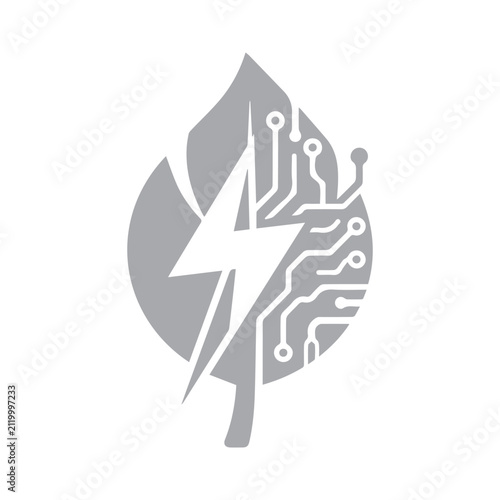 Leaf symbol combined with a lightning bolt and circuit patterns illustrates sustainable green energy technology.