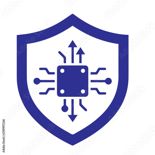 Shield icon featuring a central microprocessor chip represents digital security and cyber protection.