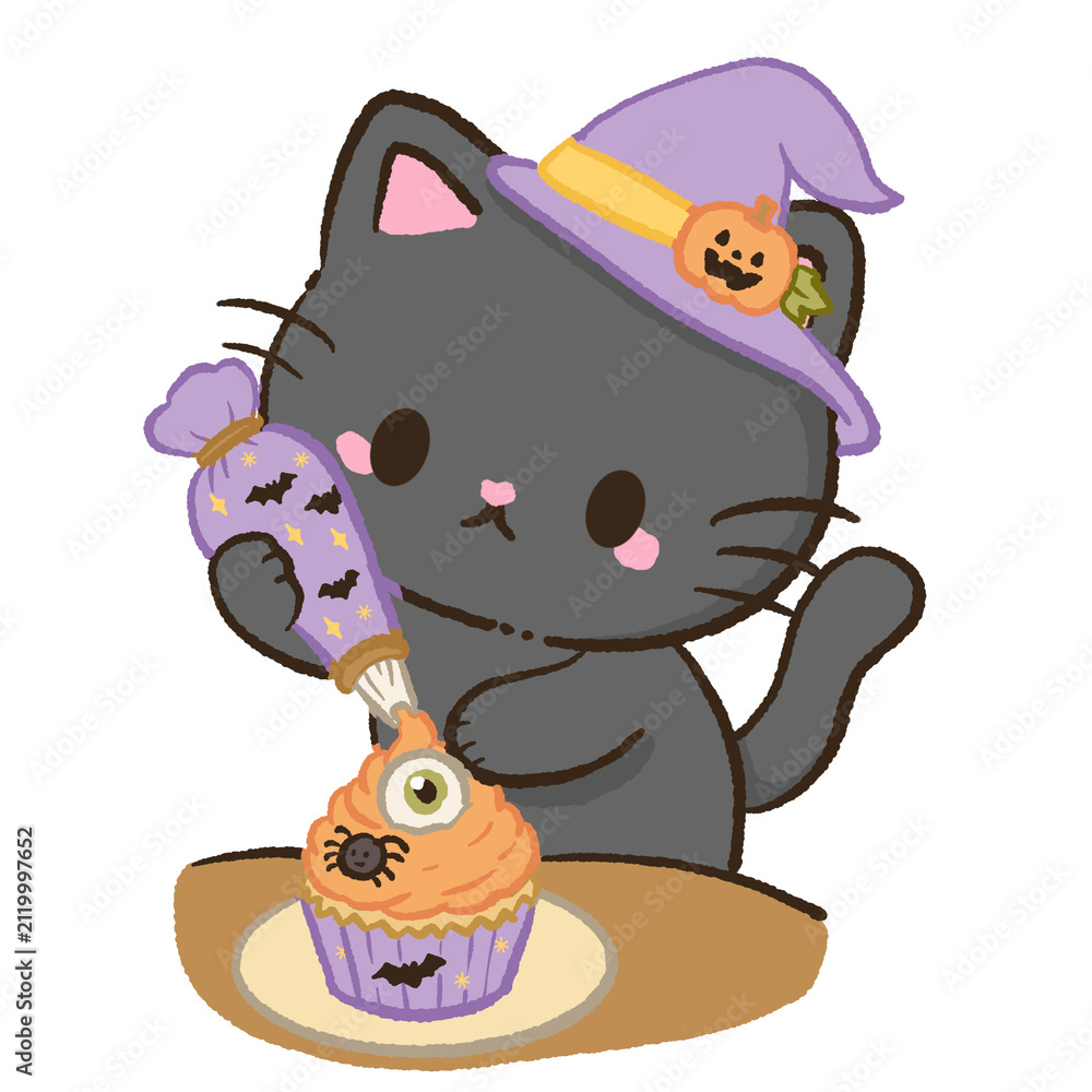 Fototapeta premium Cute Kawaii Chibi Black Cat Decorating a Halloween Eyeball Cupcake with Purple Frosting Haunted Tea Party Pastel Clipart Illustration