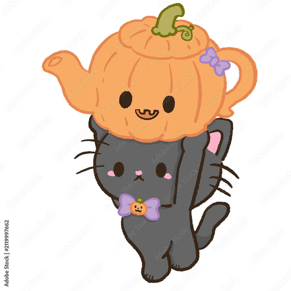 Fototapeta premium Cute Kawaii Pumpkin Teapot with Smiling Jack O Lantern Face Halloween Tea Party Pastel Clipart Illustration