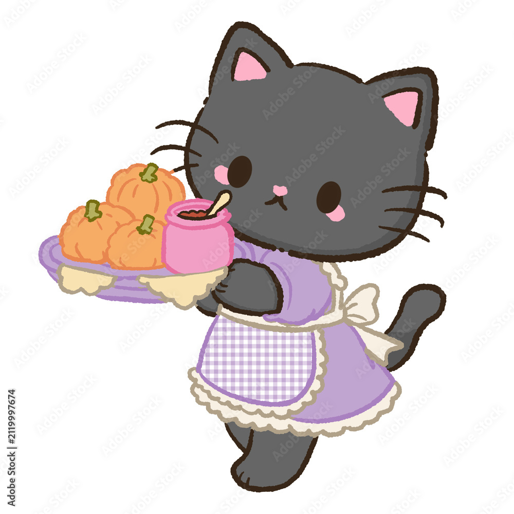 Fototapeta premium Cute Kawaii Chibi Black Cat Serving Mini Pumpkins with Pumpkin Jam on a Tea Party Tray Halloween Pastel Clipart Illustration