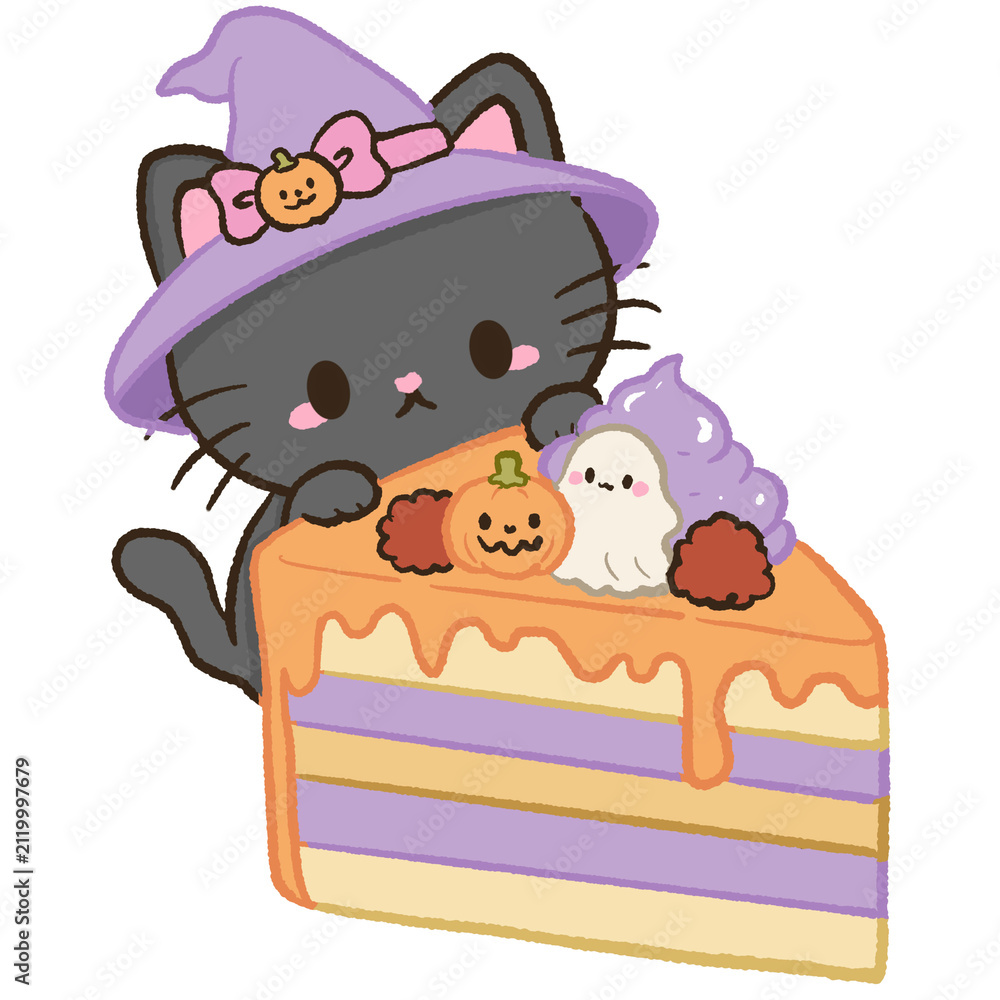 Fototapeta premium Cute Kawaii Chibi Black Cat Hugging a Giant Pumpkin Ghost Layer Cake Cozy Halloween Dessert Pastel Clipart Illustration
