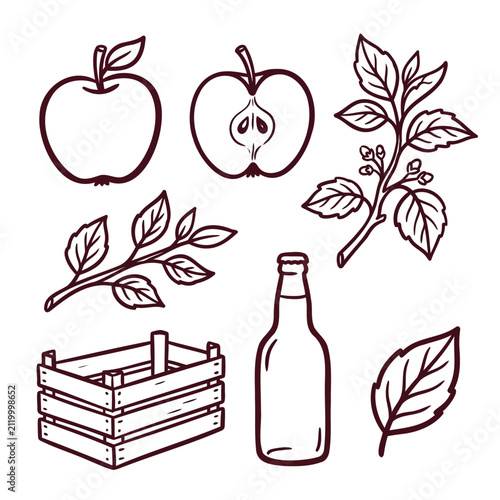Set of black and white line art illustrations showing fresh apples, leaves, a wooden crate and a glass bottle