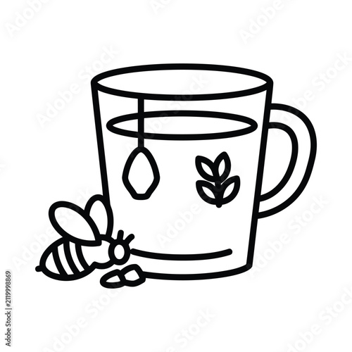 Black and white line drawing of a coffee cup with a heart symbol.