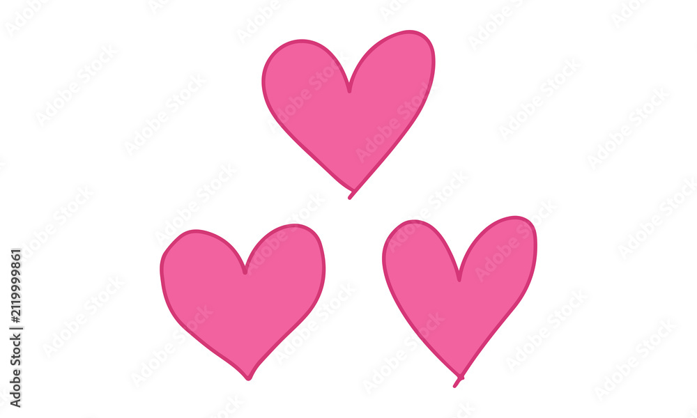 Obraz premium Three hand drawn pink hearts isolated on a white background for romantic design projects and valentines day