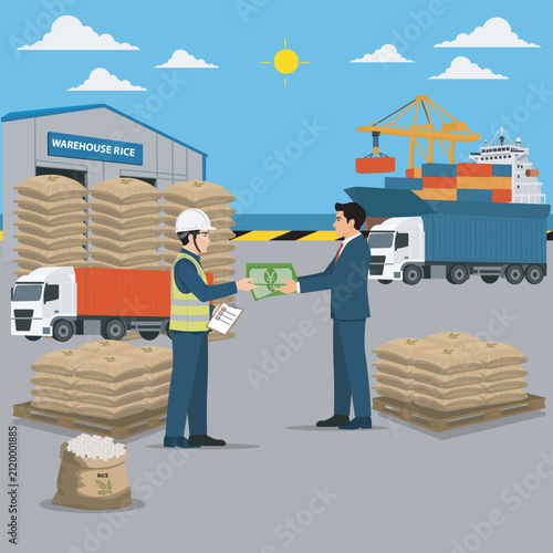 Business industry export and import rice transaction paper money yen