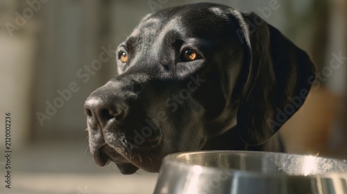 Close up of a black dog with a bowl inside a building under sunlight