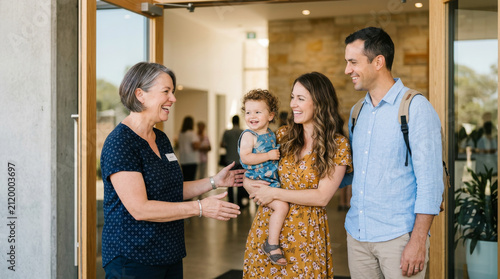 A friendly greeter welcomes a young family with a small child at the bright entrance of a modern church, showing hospitality, belonging and welcoming ministry in a diverse faith community. Copy space.