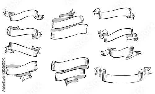  Hand Drawn Vintage Ribbon Banner Set, Retro Scroll Ribbon Collection, Decorative Sketch Banner Vector Elements