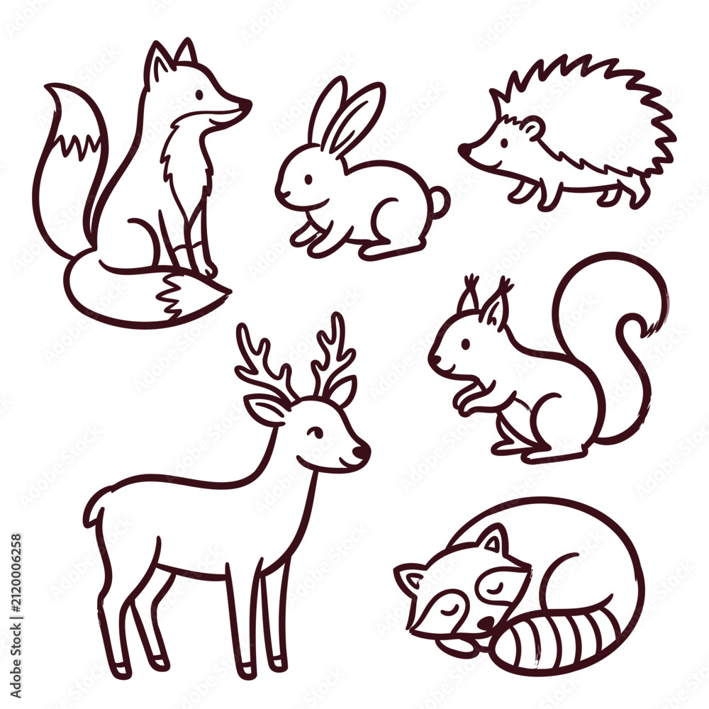 Obraz premium Set of cute forest animals including a fox rabbit hedgehog deer squirrel and raccoon in simple line art style