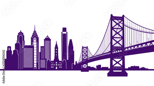 Minimalist solid purple silhouette of the Philadelphia Pennsylvania city skyline including the Benjamin Franklin Bridge, Comcast Center, Liberty Place, and City Hall isolated on white background.