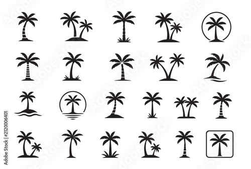 Minimal Black Palm Tree Vector Icon Set, Tropical Summer Palm Silhouettes, Modern Botanical Logo Collection, Monochrome Beach Icons Isolated on White
