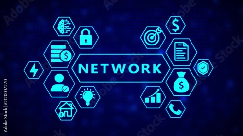 A central hexagonal frame the word NETWORK surrounded by smaller hexagonal representing finance, technology, and communication on a dark blue digital background with glowing dots