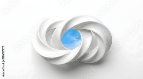 Abstract 3D white ceramic intertwining sculptural object with a window opening to a blue sky with clouds on a clean white background