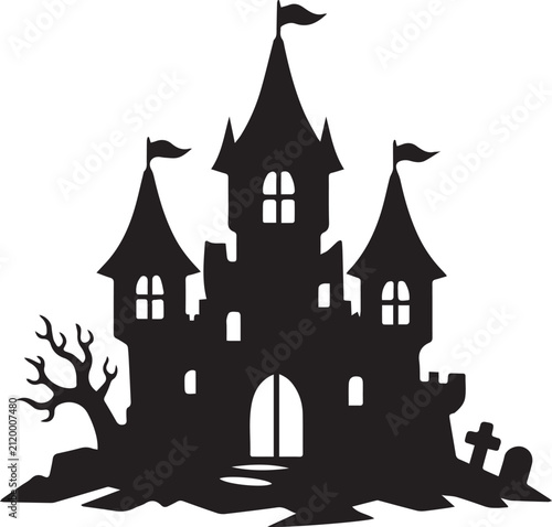 Black silhouette of a spooky haunted castle for halloween Vector, illustration
