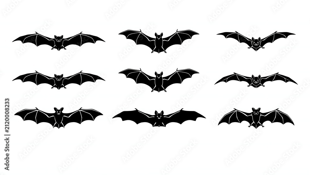 Fototapeta premium Halloween bat silhouettes collection. Flying bat icons for spooky holiday graphic design.