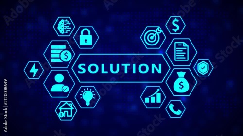 Digital network of interconnected hexagonal representing business concepts like solution finding, finance, and technology on a dark blue dotted background