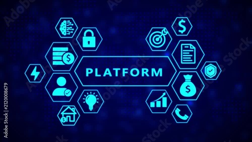 The word PLATFORM is featured in a central hexagonal frame, accompanied by surrounding hexagonal representing finance, technology, and communication on a dark blue digital background with a