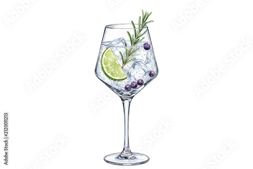 watercolor botanical gin and tonic cocktail illustration with fresh lime wheel rosemary sprig and juniper berries in stemmed wine glass isolated on transparent background