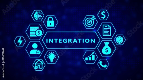 Digital network of hexagonal illustrating integration concepts like finance, security, and communication on a dark blue dotted background