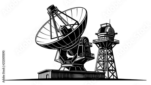 Принти на полотні Large satellite dish ground station and observatory tower for space exploration